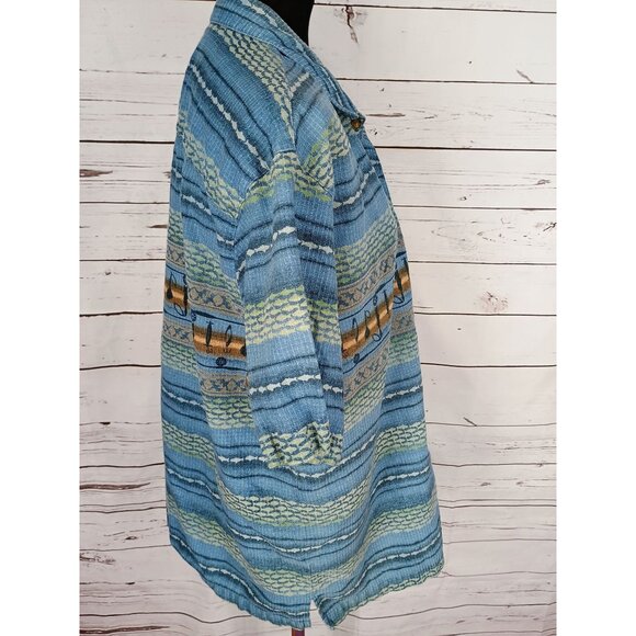 Vintage Woolrich Shirt Mens XL Blue Gold Fishing Fish Button Up Short Sleeve Top - Picture 2 of 8